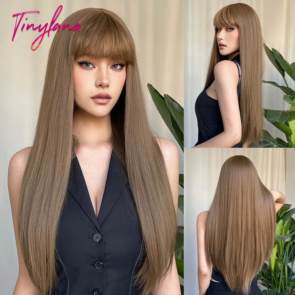 Pelucas sintéticas largas y rectas de color gris ceniza plateada, Cosplay de Lolita, pelo Natural con flequillo para mujeres blancas, diaria, resistente al calor