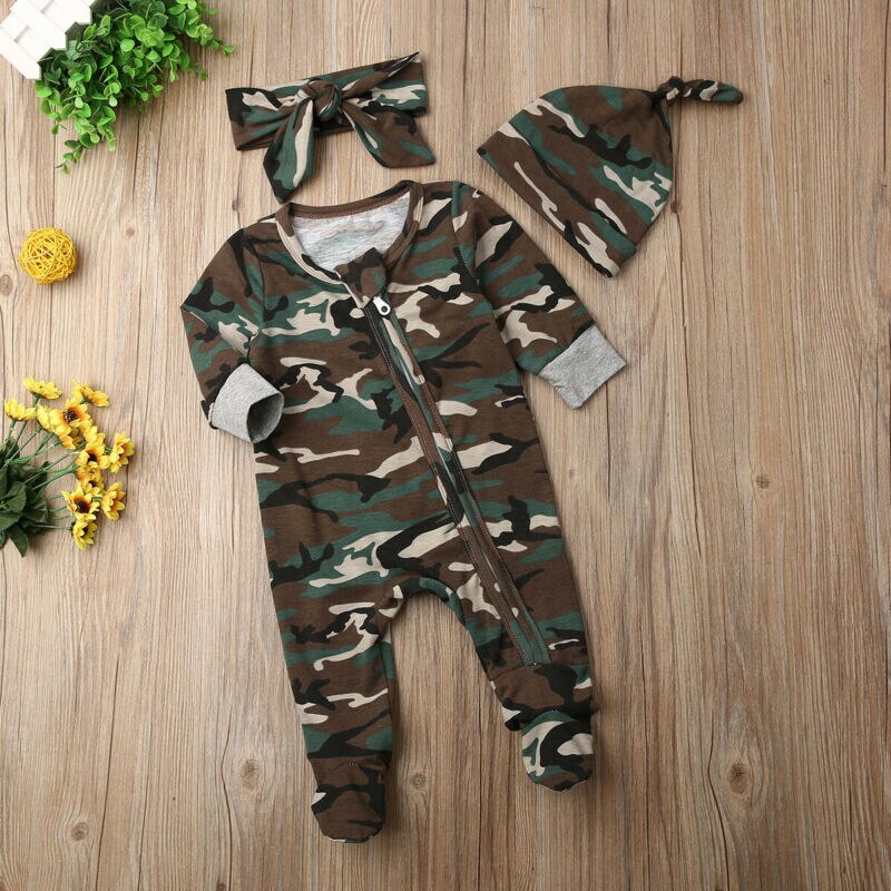 Pasgeboren Kids Baby Jongen Meisje Camo Rits Lange Mouwen Hoed Cap Hoofdtooi Hoofddeksels Jumpsuit Herfst Footies Kleding Outfits