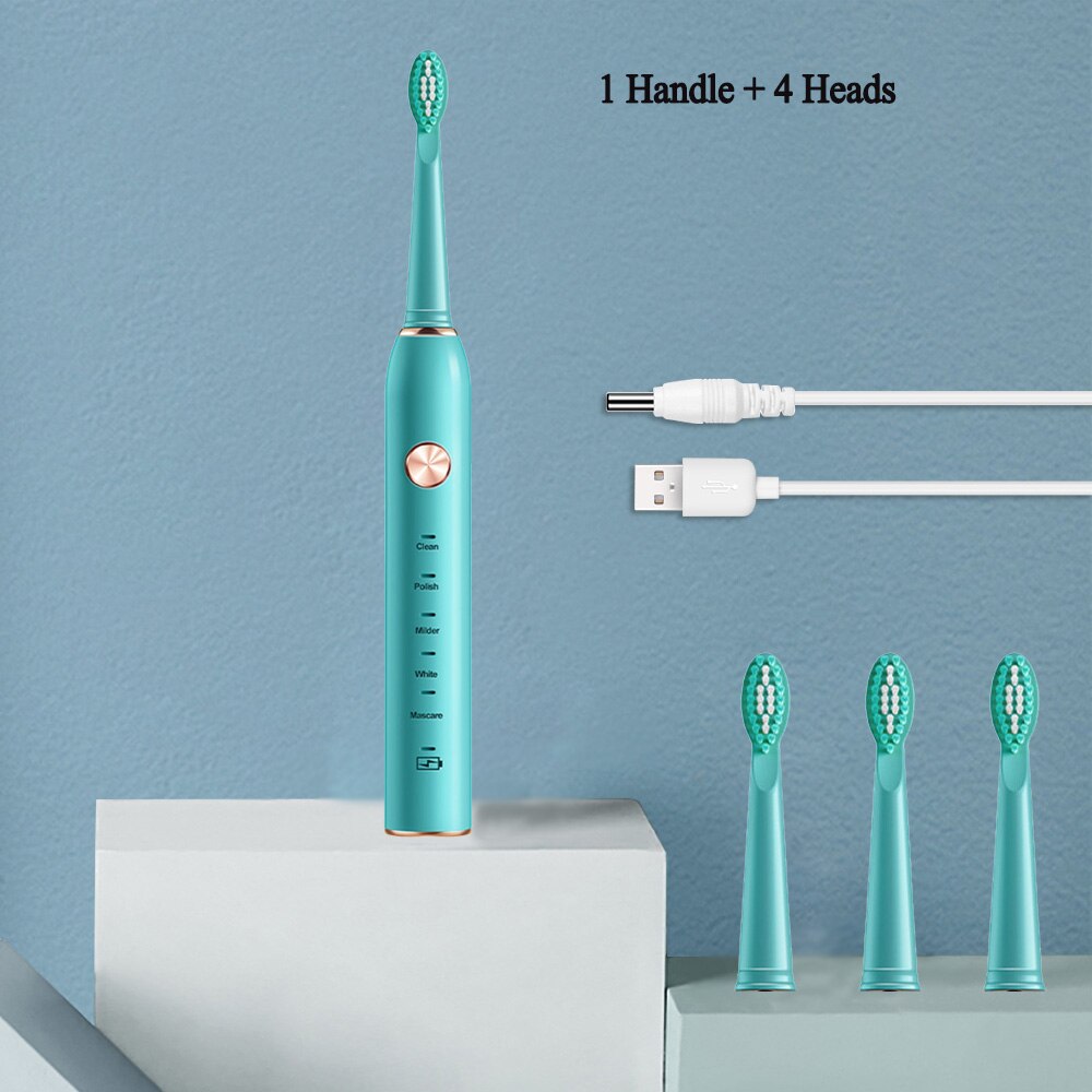 Sonic Electric Toothbrush USB Rechargeable 5 Modes Ultrasonic Automatic Brush Timer Waterproof Dental Brush Teeth Whitening: Green 4 heads