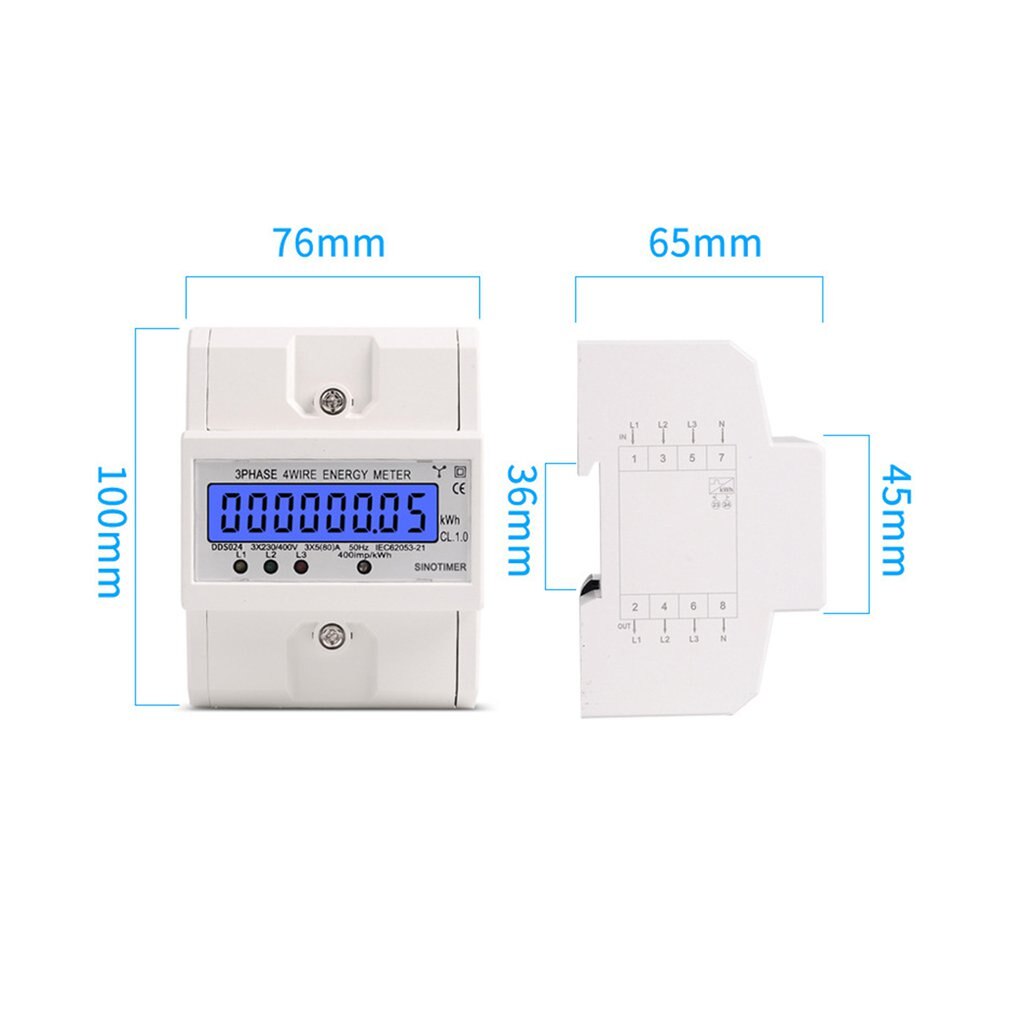 Din Rail 3 Phase 4 Wire Electronic Watt Power Consumption Energy Meter Wattmeter kWh 5-80A 380V AC 50Hz LCD Backlight Display