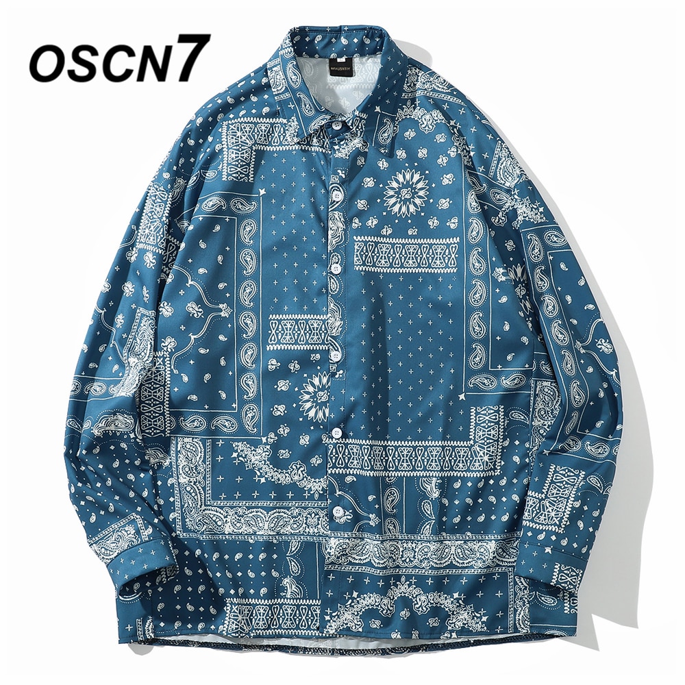 Oscn 7 afslappet trykt langærmet skjorte mænd high high streetwear efterår kvinder skjorte retro skjorter harujuku herre skjorte  x103