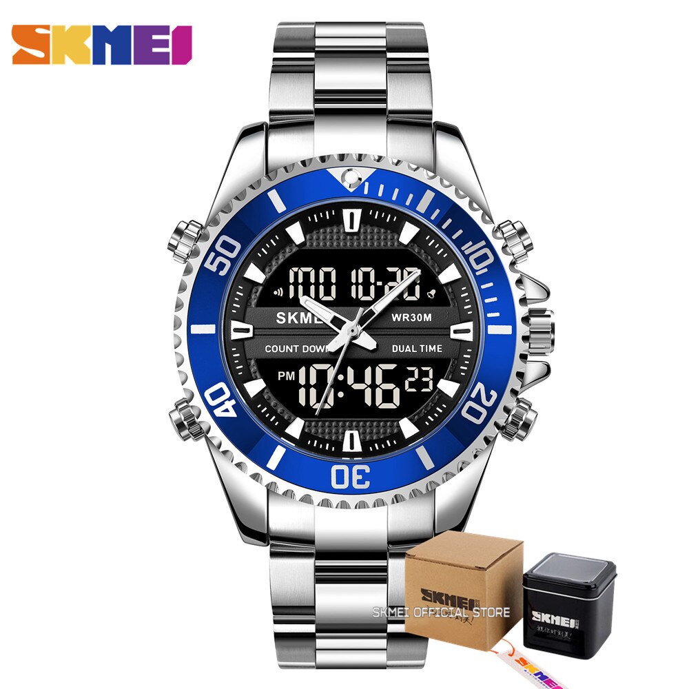 Skmei Dual Display Horloges Heren Mode Digitale Horloges Chrono Alarm Mannen Klok Waterdichte Rvs Relogio Masculino: silver BU with box