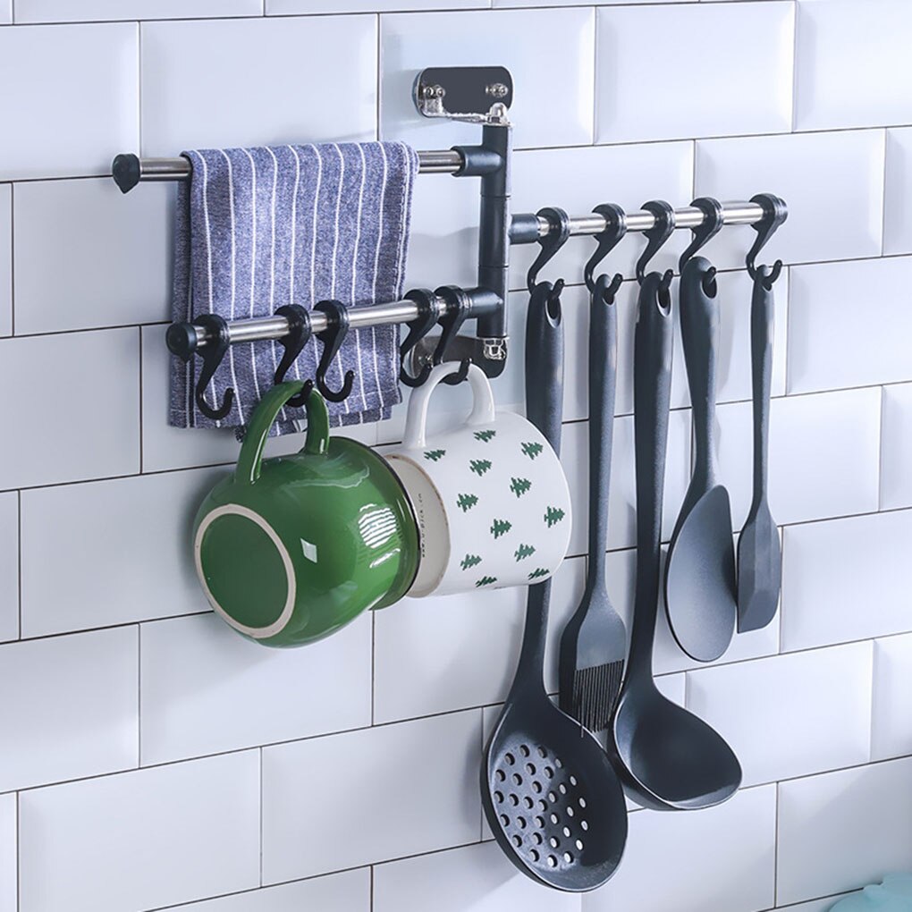 Wall Mount Kitchen Utensil Holder Rotating Stainless Steel Rack Rail Hanger Hook Organizer Spoon Pot Pan Storage Row Hook Rack