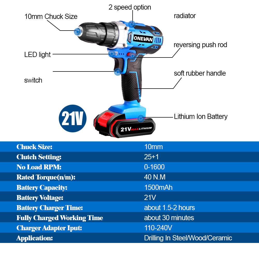 12V 16V 21V Electric Screwdriver Cordless Electric Drill Rechargeable 2PCS Lithium Battery Power Tools Sata Electric Screwdriver