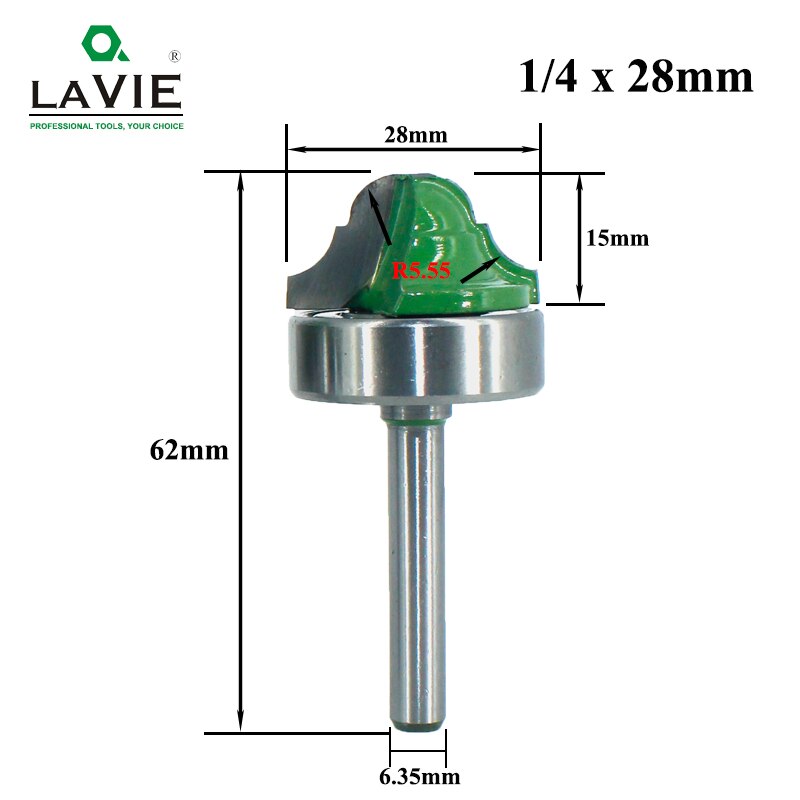 LAVIE-broca de rodamiento de línea de madera, cortador de fresado para tallado de madera, 6,35mm, vástago doble, Ogee romano, 1 ud., MC01180: 28mm