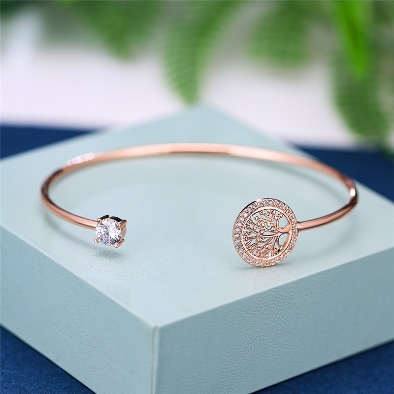 Pulsera delicada de piedra de circón blanco para mujer, pulseras ajustables con árbol de la vida para mujer, bonita pulsera de boda de oro rosa