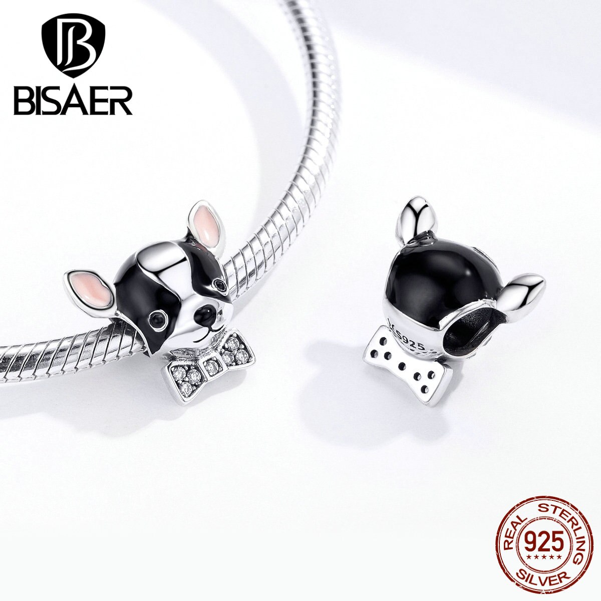 Dog Charms BISAER 925 Sterling Silver Black White Enamel Chihuahua Beads Charms fit for Bracelets Silver 925 Original Jewelry