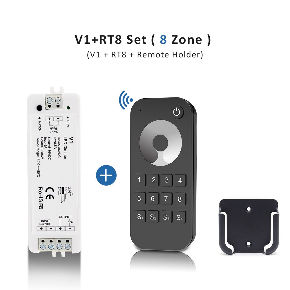 LED Dimmer Switch 12V 24V PWM 2.4G LED Touch RF Wireless Remote 5V 36V Smart Wifi Dimmer Controller for Single Color LED Strip: V1 and RT8 8Zone Set