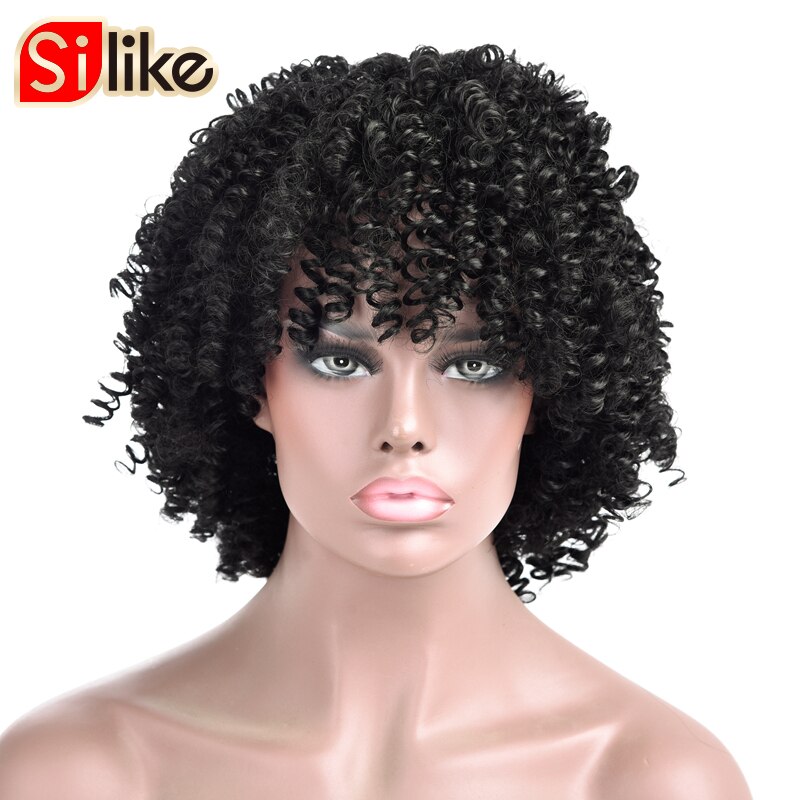 Silike Korte Bouncy Krul Pruik Afro Kinky Krullende Pruik Synthetische Korte Pruik Met Pony Gemengde Bruin Blonde Pruik Voor Zwarte vrouwen: #1B