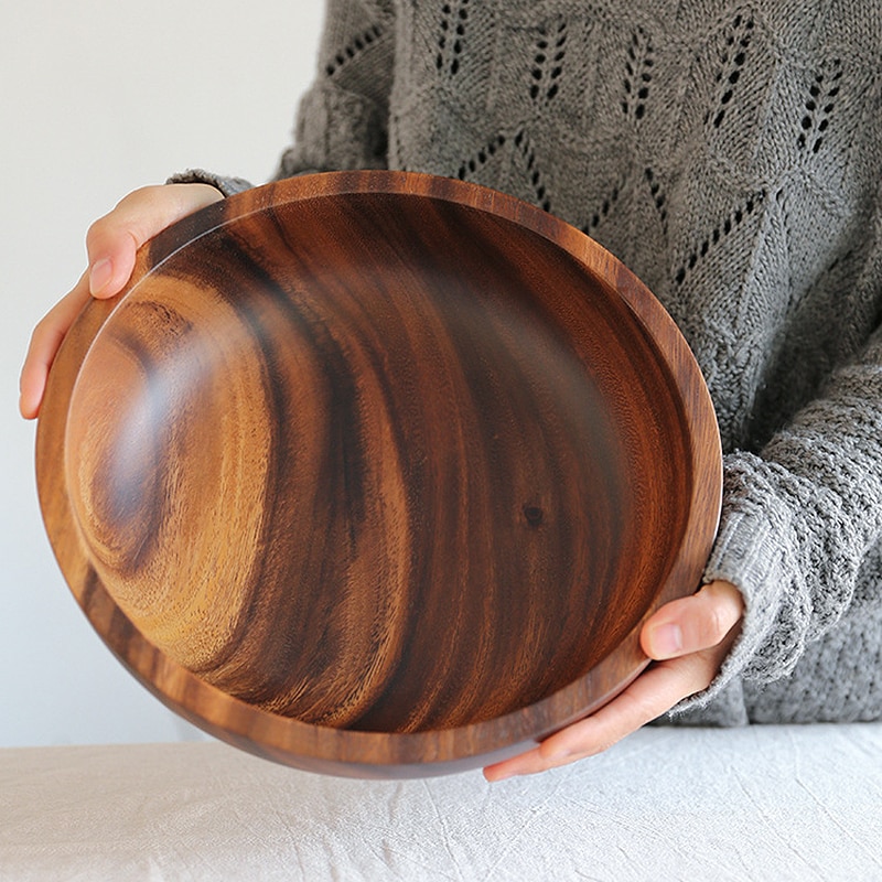 Cuenco de madera de Acacia, vajilla de madera de estilo japonés para el hogar y el lavabo, plato de fruta, ensaladera, cuenco de sopa de madera entera