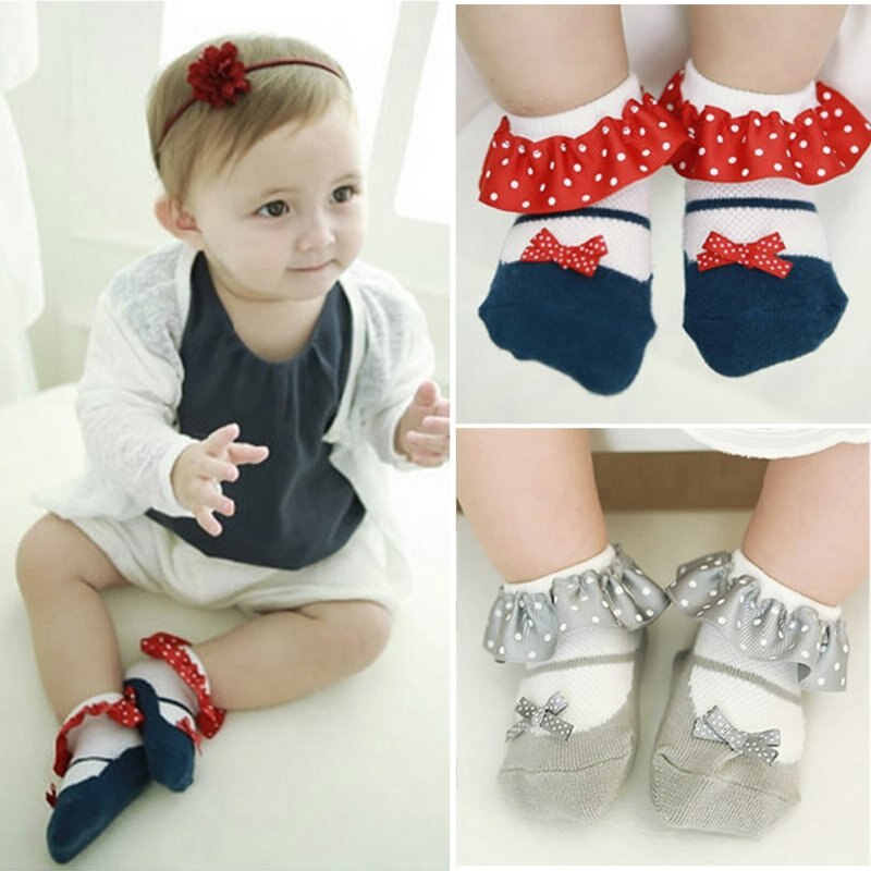 Sweet Toddler Baby Girl Slippers Bow Dots Princess Lace Soft Cotton Short Socks