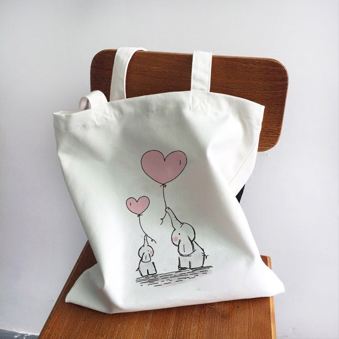 Kawaii söt elefant ballongtryck college canvas axelväska tecknat tryck stor kapacitet vita väskor tryckta väskor