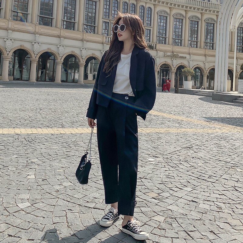 Kvinner 2 -delt sett høst uformelt blazere løs kontor dame forretningsdress kvinnelig koreansk blazer + dressbukse: Svart / M