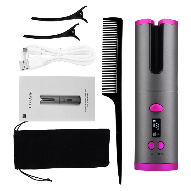 Auto hair curling hair curler styling verktøy for langt og kort hår, trådløs curler usb lade digital skjerm