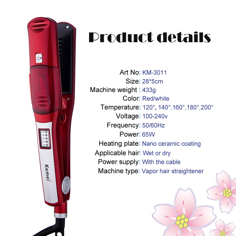 Kemei-escova de cabelo a vapor, alisadora elétrica, prancha de ferro, profissional, modelador de cachos, alisamento a vapor, cerâmica