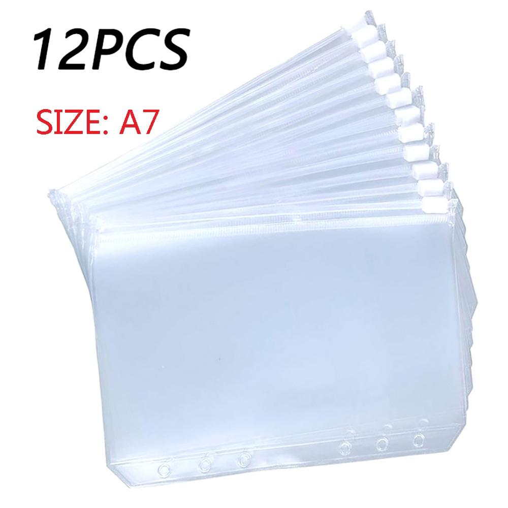 12PCS Binder Pockets A5 A6 A7 Binder Zipper Folders for 6-Ring Notebook Binder Transparent Loose Leaf Pouch Document Filing Bags: A7