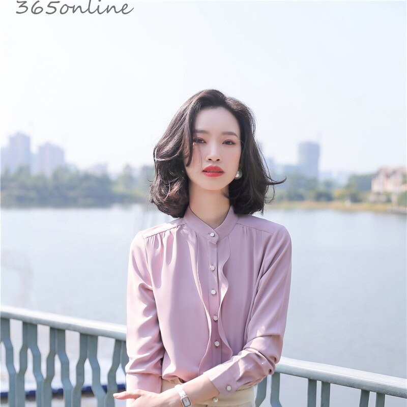 Pink chiffon bluser skjorter lange ærmer til kvinder forår sommer kontor arbejdstøj bluse afslappet ol styles toppe tøj