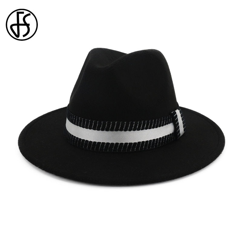 Fs leveälierinen fedora hattu naisille villahuopahatut miehille syksy talvi panama gamble jazz lippalakki raidallinen musta valkoinen nauha