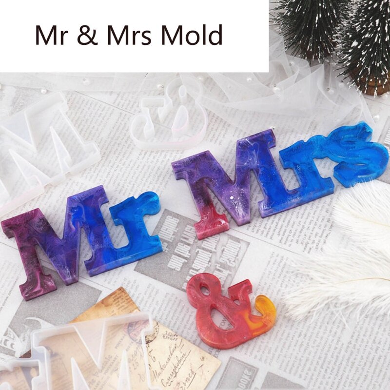 Kit de moldes de resina Mr & Letras Mrs con alfabeto hecho a mano en 3 uds. Moldes de resina epoxi Mr & Mrs