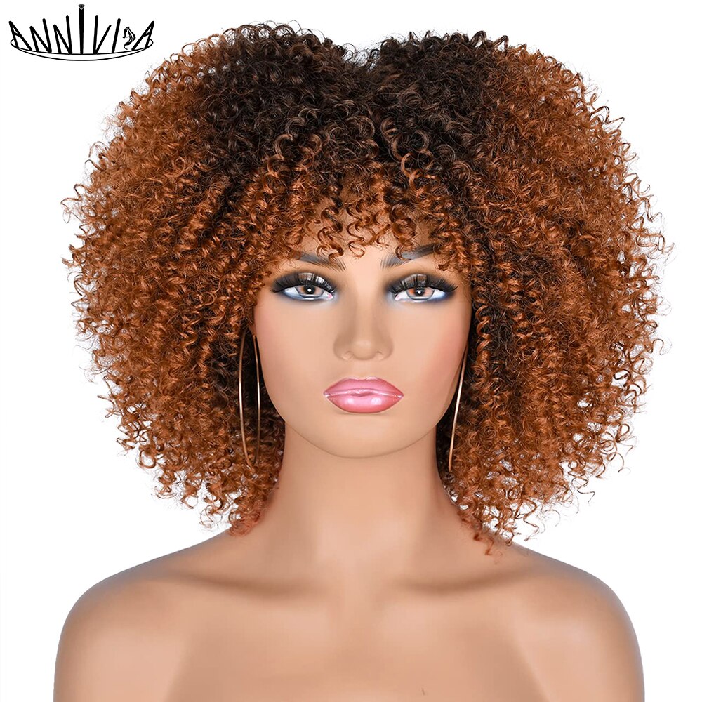 Short Hair Afro Kinky Curly Wigs With Bangs African Synthetic Ombre Cosplay Wigs For Black Women High Temperature: Natural Color