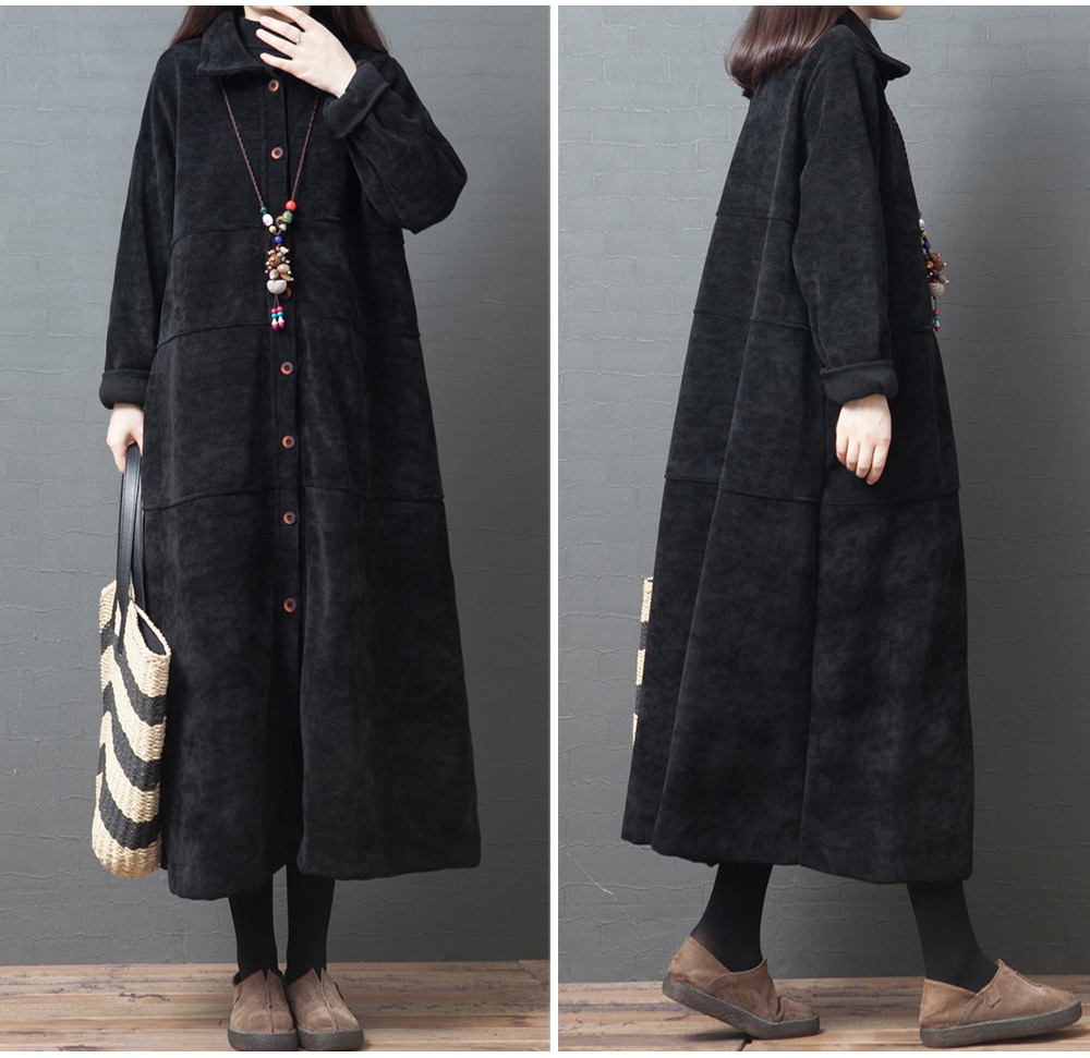 2022 Spring Autumn Corduroy Long Trench Coats Women Clothing Vintage Korean Loose Large Size Long Sleeve Overcoats XA1131