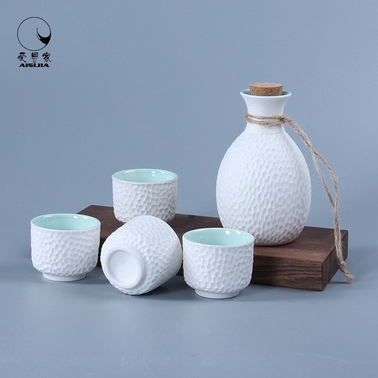 Sahi ensemble de 4 tasses à vin en céramique | Glaçage flocon de neige en nid d'abeille, Art saké japonais Flagon Stoup carafe Saka Home Bar: White