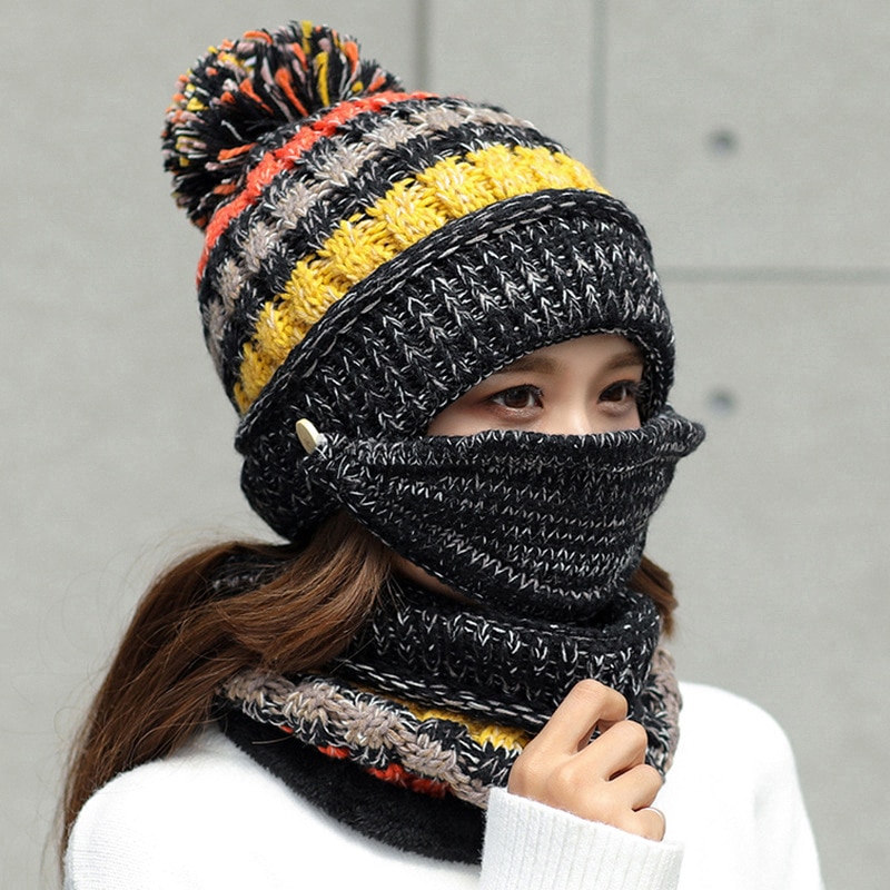 Ungdom vinter tykk pluss kashmir varme masker lue skjerf høst vinter kvinners strikke lue ull ball dekke øre krage tre sett