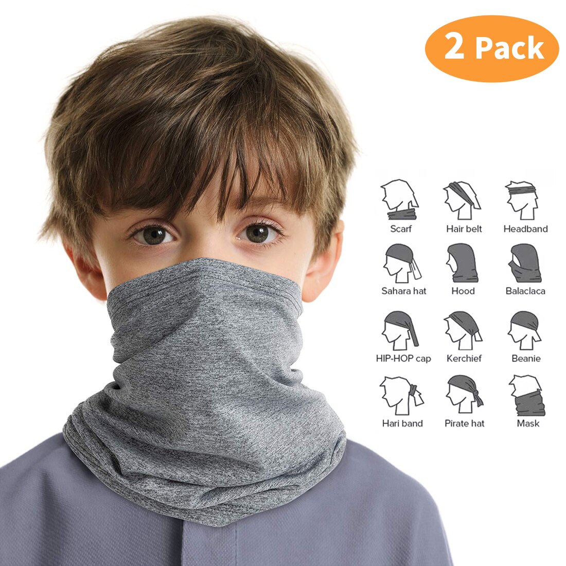 Kinderbandana, nekwarmer, hoofddeksels voor jongens en meisjes, gezichtsdoek, outdoor kinderfiets, winddicht, wandelsjaals: 2 stuks grijs