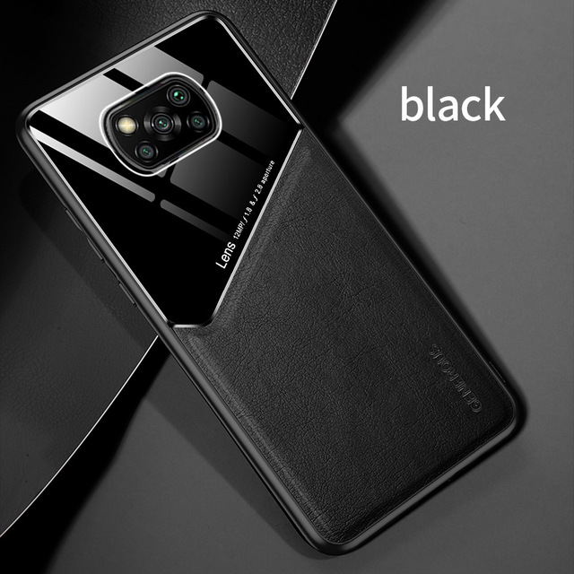 car magnetic holder plexiglass leather texture phone cover for xiaomi poco x3 pro x3pro x 3 nfc pocox3 nfs case shockproof coque: aluminum / black
