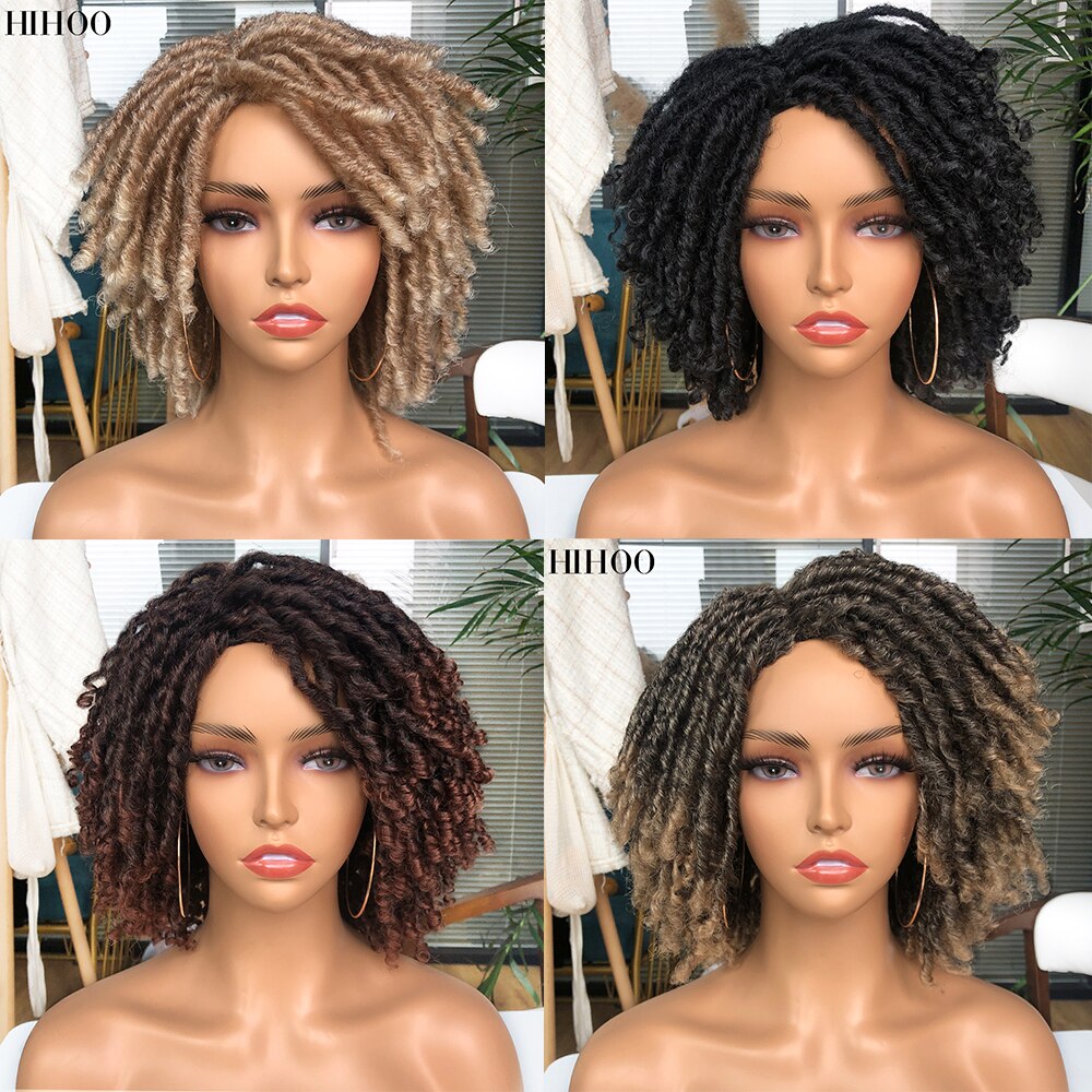 Hihoo Dreadlock Curly Wig Soft Short Synthetic Natural Hair Wigs With Bangs For Black Women Ombre Crochet Twist Hair Wigs 14''
