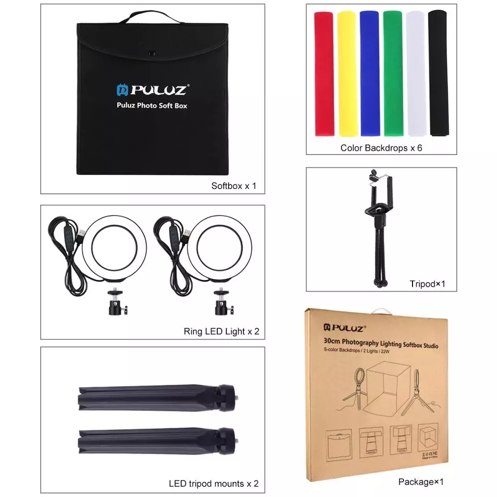 PULUZ – boîte à lumière Portable pour Photo, tente de prise de vue en Studio, Kits avec 6 couleurs d'arrière-plan, boîte à lumière LED pour salle à manger, 30cm