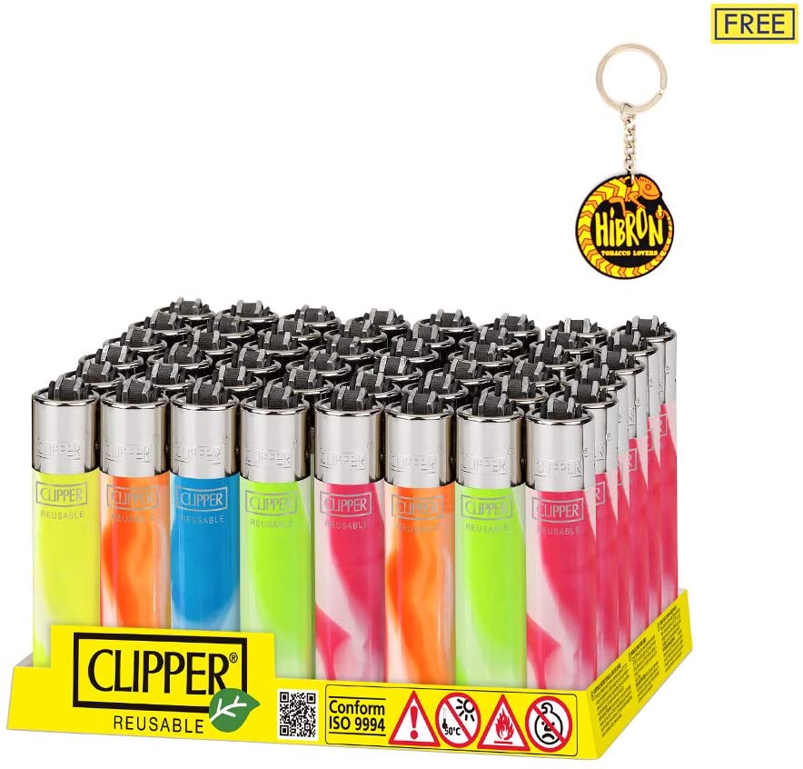 Hibron Pack de Clipper 48 Mecheros Encendedores Liso Fluo Nebula Y 1 Llavero Hibron Gratis (Fluo Nebula)
