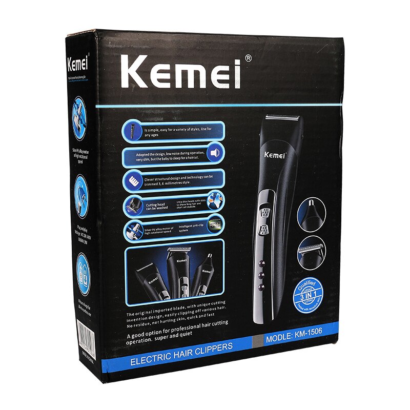 Kemei 3 in 1 trimmer til næsehår skægklipper barbermænd plæneklipper elektrisk haircut barbermaskine km -1506: Med kasse