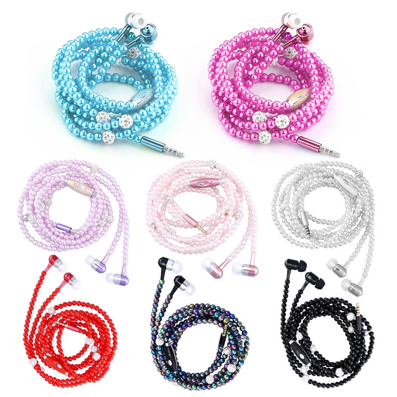 Pink girl Rhinestone Jewelry Pearl Necklace Earpho... – Vicedeal