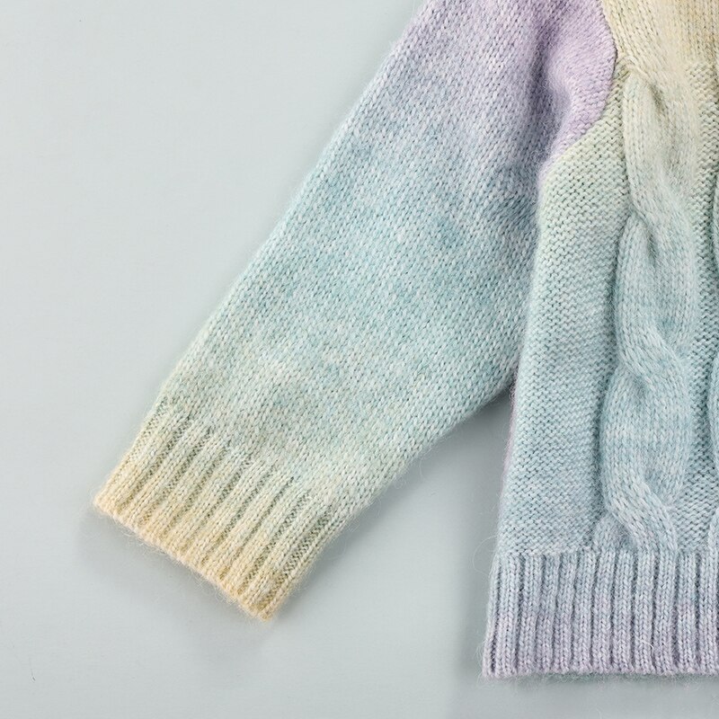 0-10Y Winter Fall Children Girl Sweater Cardigan Sweet Rainbow Gradient Twist Round Neck Long Sleeve Button Pullovers/Coats