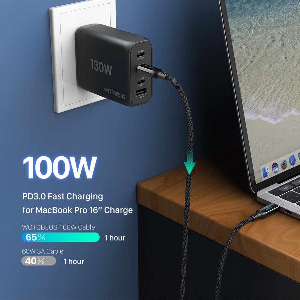 WOTOBE PD100W USB C zu USB C Kabel, LED-anzeige 5A E-Marker Schnelle Ladung Nylon Geflochtene Schnur für Samsung S21 Ultra iPad Laptop