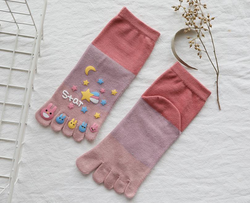 1 Paar Leuke Enkel Vijf Vinger Sokken Vrouw Katoenen Sterrenhemel Printing Mode Harajuku Meisje No Show Sokken Met Tenen: Roze