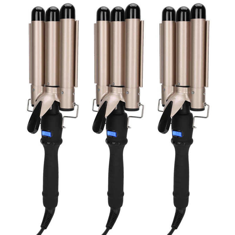 Nylon Heat-proof Head Fixed Handle Tourmaline Ceramic 3 Barrel Curling Iron Wand Hair Waver Curler Create "S" Wavy Style Tools