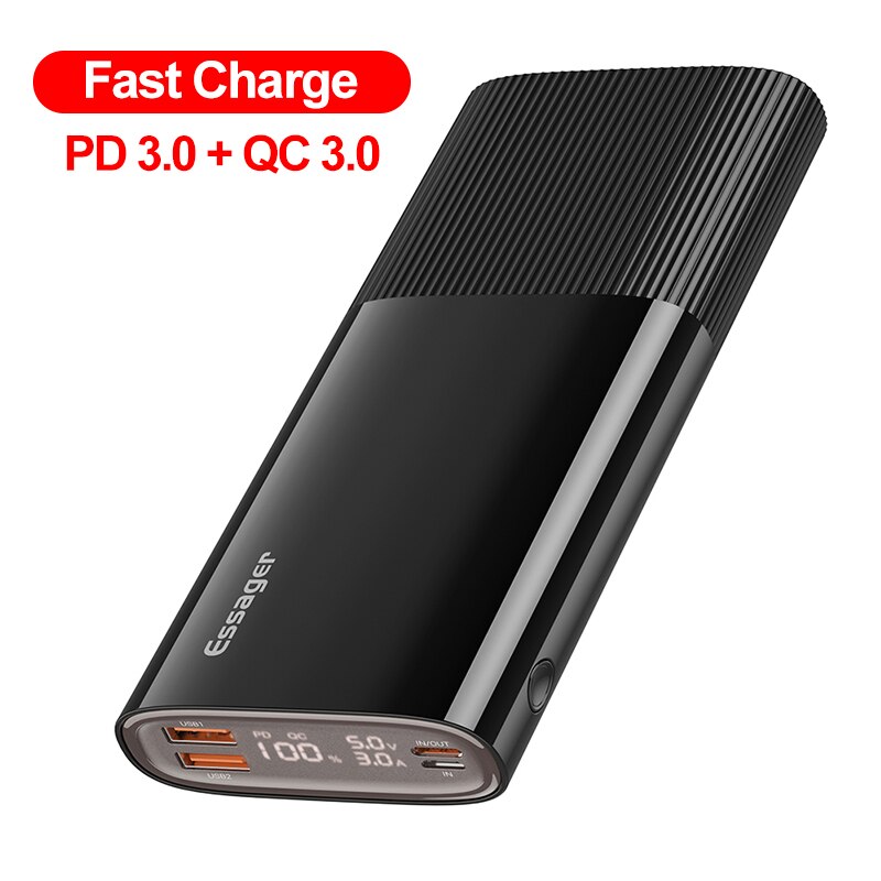 Essager-power bank 20000 mah usb tipo c, pd, qc 3.0, bateria portátil externa para xiaomi 20000 mah: PD QC 3.0 Black