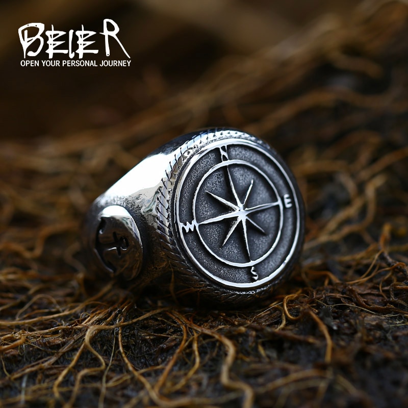 Beier Updated 316L Stainless Steel Compass Ring Axe Gothic Viking Ring Amulet Jewelry