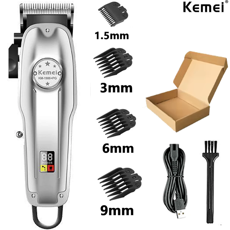 Kemei KM-1986PG Herren-Haarschneidemaschine oder Klingen, kabellos, elektrisch, USB-Aufladung, LCD-Anzeige, Friseur-Haarschneidemaschine, Haarschneidemaschine: Schwarz