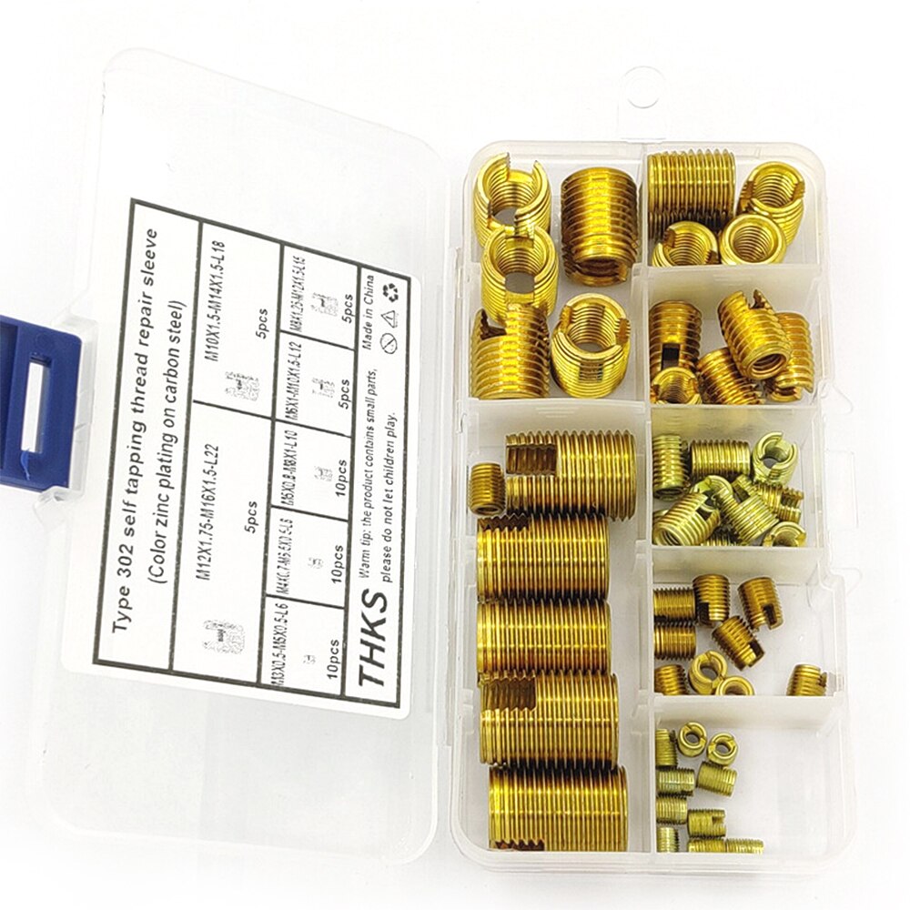 50Pcs Self Tapping Slotted Thread Insert M3-M12 M4 M5 M6 M8 M10 Carbon Steel Thread Repair Insert Combination Set Assortment
