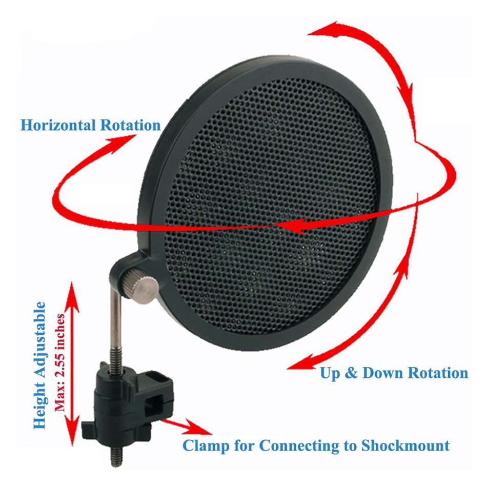47-53mm Microphone Shock Mount Double Mesh Pop Filter & Screw Adapter Adjustable Anti Vibration Isolation Metal Mic Mount Holder
