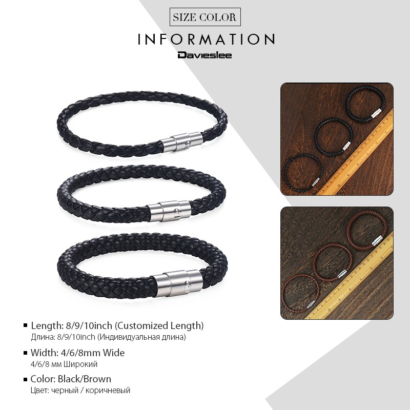 Davieslee 4/6/8mm Leather Bracelet For Men Black Braided Rope Stainless Steel Clasp 20/23/25cm Men's Bracelet DLBM118