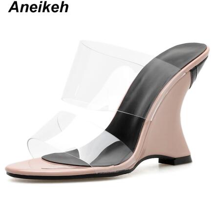 Aneikeh sommar fritid pvc tofflor genomskinliga kilar damskor högklackat tofflor slip on slides rosa grön 35-42: Rosa / 7