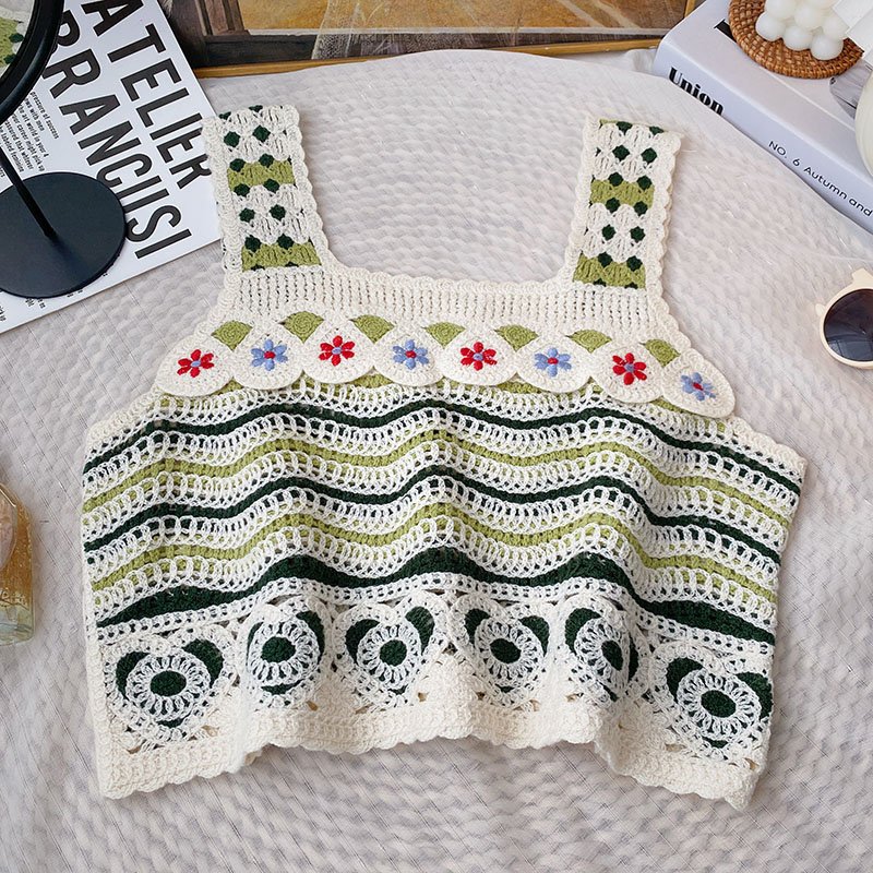 Hæklet tanktop med broderi, åben strik, firkantet, ærmeløs crop top til kvinder, sommer, fairycore, cottagecore, bedstemor vintage outfit: Grøn