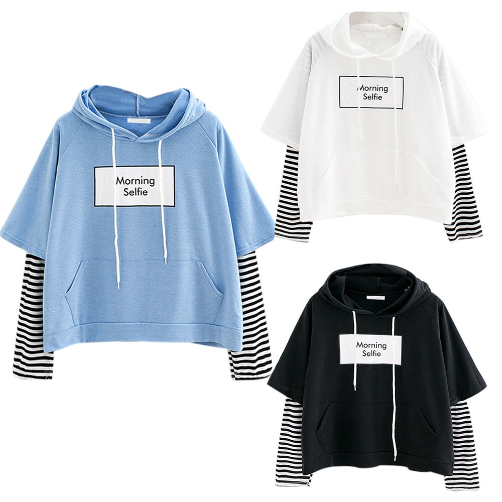 Kpop efterår kvinder sweatshirt stribet ærme patchwork afslappet hættetrøjer bomuld forår kpop harajuku exo tøj s-xl