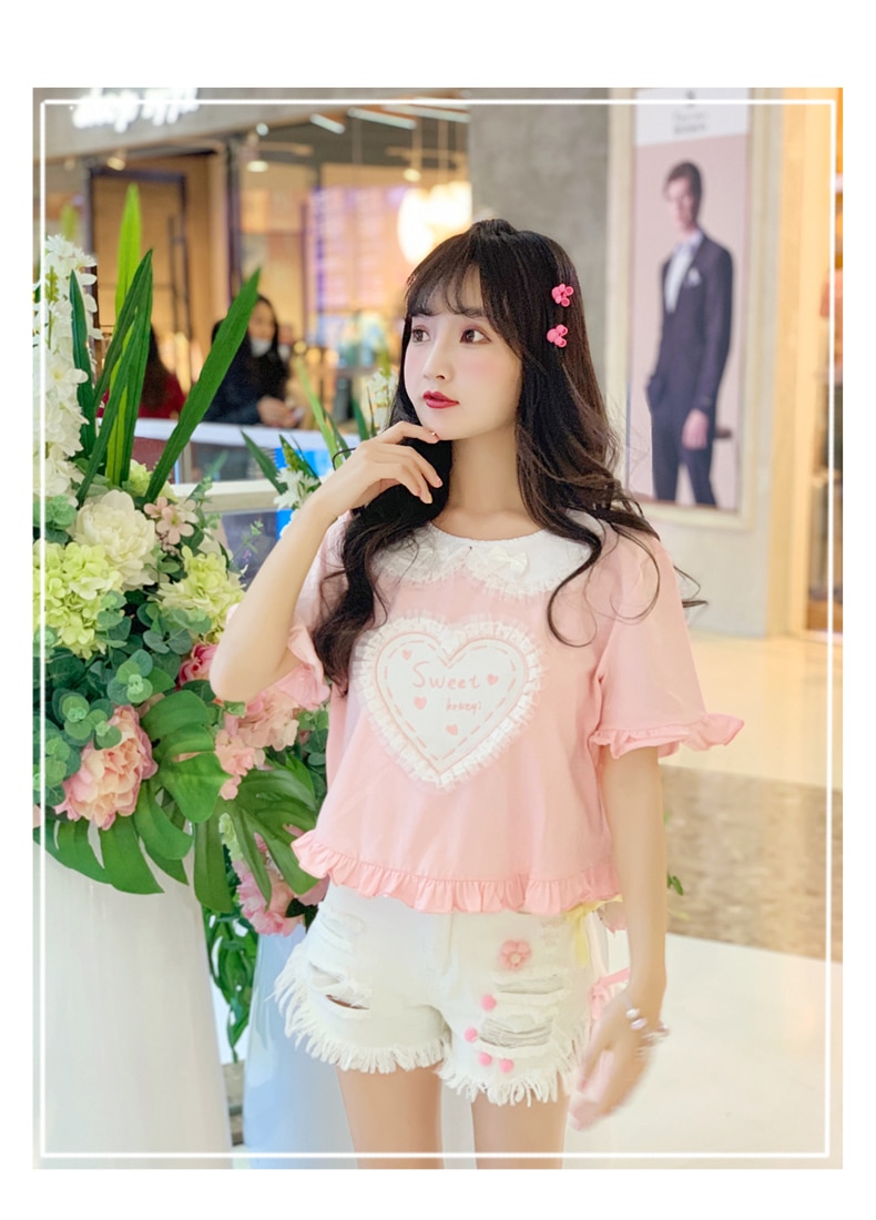 Sommar kawaii junior jeansshorts kvinnor korea hollow out korta shorts ins rosa vit rosett jeans feminino casual hål underdel