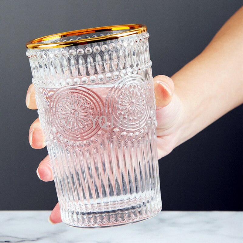 Sense of Weight 250-380ml Vintage Embossed Wine Cup Ins Whiskey Vodka Sun Flower Stemless Golden Mouth Ice Coffee Bar Drinkware