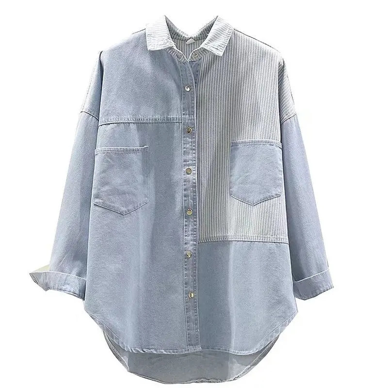 Splicing denim skjorte damefrakke forår efterår koreansk cowboyjakke løs langærmet lette jeans overtøj dametoppe
